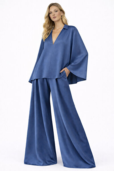 UNTIMELY A-Line Loose Blouse & Wide-Leg Pants Satin Set