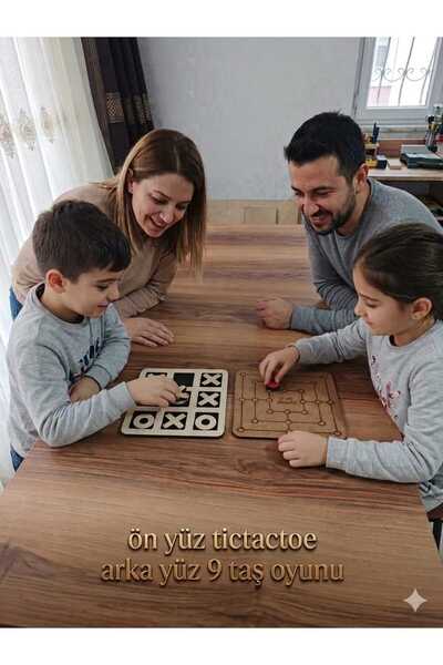 Bigibigi Xox Ahşap Çift Taraflı Zekâ Oyunu Tictactoe & 9 Taş 2 Oyun Bir Arada Montessori Eğitici Oyun 20x20cm