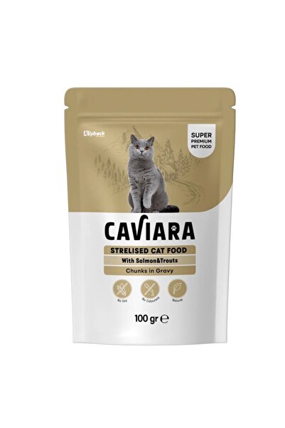 Caviara طعام رطب للقطط المعقمة بنكهة قطع السلمون والتروت (الشبوط) في المرق. م...