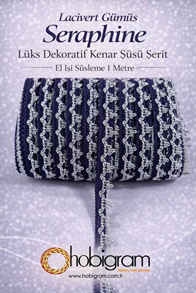 Hobigram Lacivert Gümüş Seraphine Lüks Dekoratif Kenar Süsü Şerit – El İşi Sü...