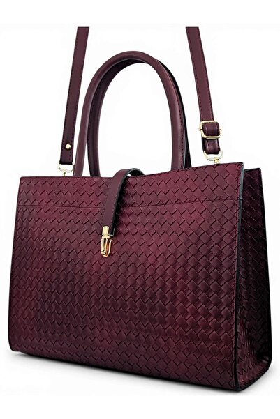 Evident Burgundy Knitted Patterned Women's Hand and Briefcase Bag with Lock D...