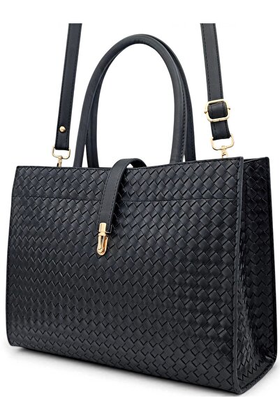 Evident Black Knitted Patterned Women's Hand and Document Bag with Lock Detai...