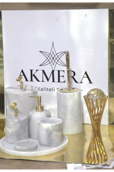 Akmera Home طقم حمام فاخر للغاية مكون من 7 قطع مع تفاصيل ذهبية وظلال رمادية