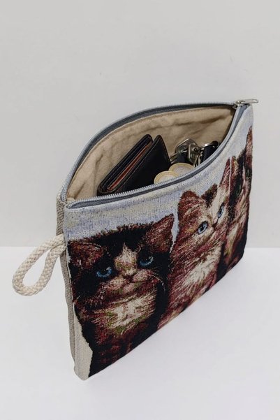 CLUTCH Cat Patterned Cloth Handbag – Zippered Organizer & Medium Bag