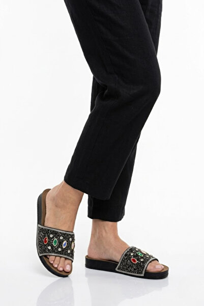 AKD AYAKKABICILIK Women's Stone Slippers with Colorful Stone Detail, Orthoped...