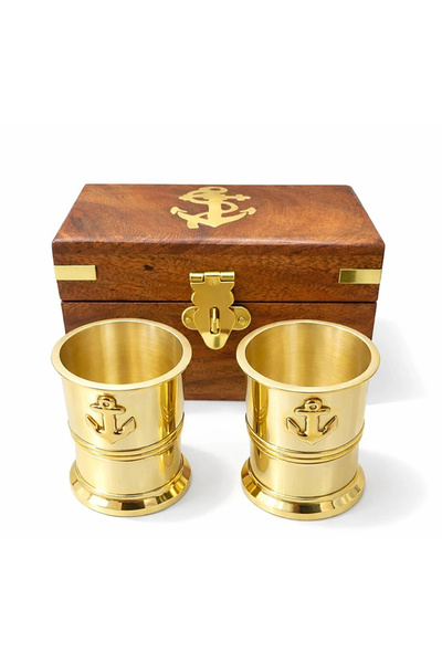 TTT Set of 2 Brass Shot Glasses with Wooden Box