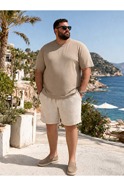 Maccali Men's Large Size Casual Summer Basic Beige Knitwear T-Shirt