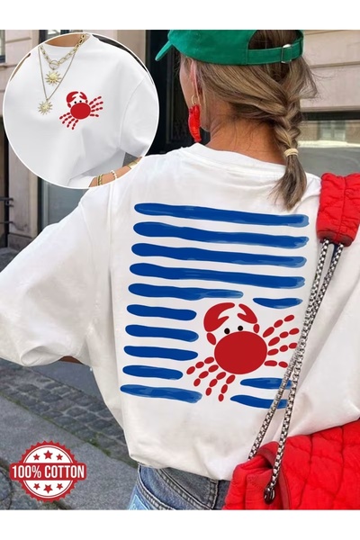 AEMİ Μπλουζάκι Unisex με στάμπα καβούρι, μεγάλου μεγέθους, με λαιμόκοψη ποδηλ...