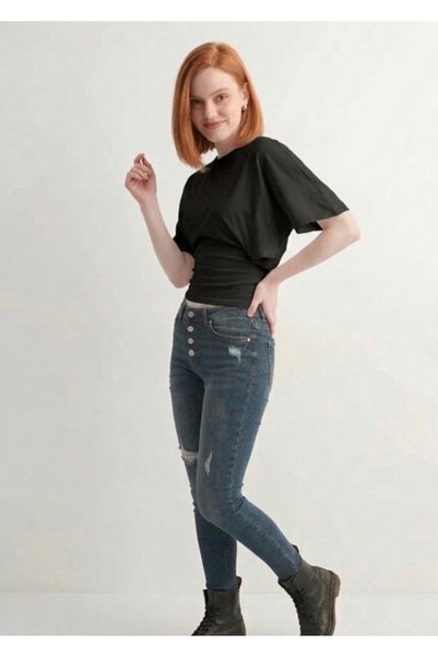 Mayer Butik Women's Bat Model Cut-Fit Fitted Waist Crew Neck Blouse