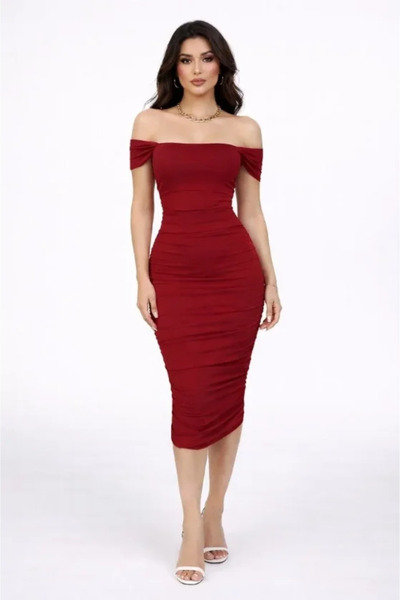 DRESSIFY WOMEN’S FASHION Φόρεμα Μίντι με Γιακά Μαντόνα και Ντραπέ Λάικρα που ...