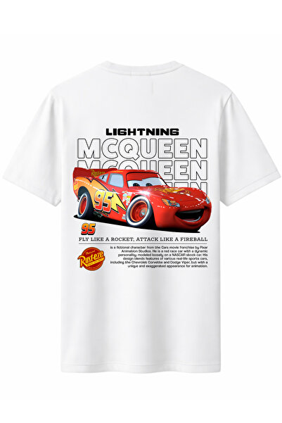 karikatürstore Lightning Mcqueen Arka Baskılı Kaliteli Unisex Tişört