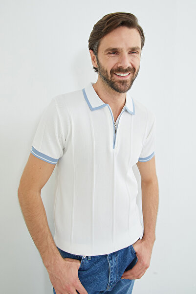 Fulla Moda Tricou tricotat cu guler polo, cu jumătate de fermoar și dungi