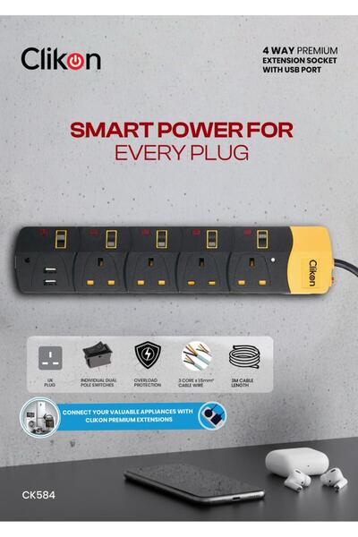 CLIKON 4WAY+2USB SOCKET WITH INDIVIDUAL DUAL POLE SWITHES-3M