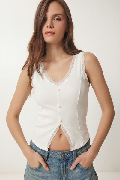 Lovelyİstanbul Δαντελωτή Λεπτομερής Πλεκτή Μπλούζα με Κορδόνια LZV0060 ΕΚΡΟΥ