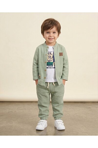 VOY KİDS Αγόρι 2-3-4-5 ετών, Χαλαρό σετ μουσελίνας 3 τεμαχίων, Πουκάμισο, παν...