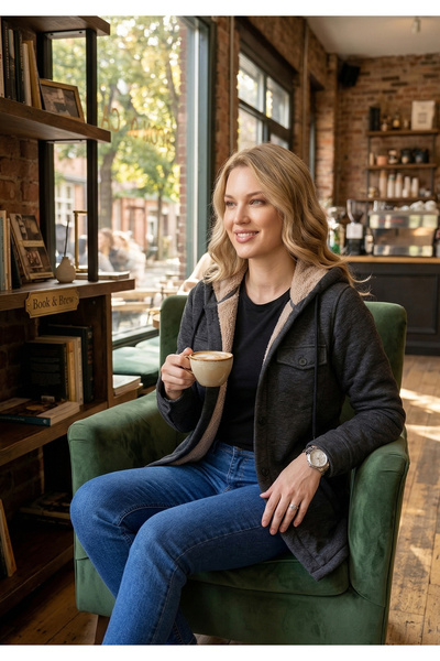 Exve Exclusive Ανθρακί Σκούρο Γκρι Απλό Γυναικείο Μπουφάν με Κουκούλα, Άνετη ...