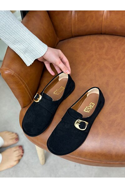 ERVANIN BUTİĞİ Black Suede (Ivey) Gold Buckle Detail Women's Casual Shoes