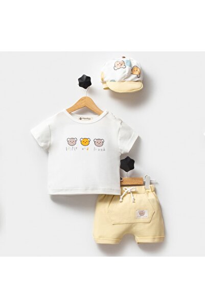 Valia Baby Teddy Bear Detailed Baby Boy Hat and Shorts Summer 3-Piece Set