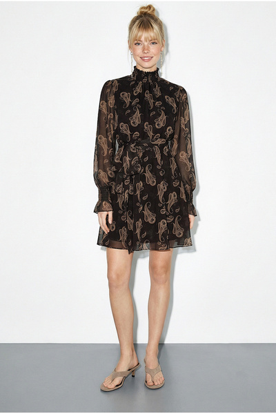 Bianco Lucci Γυναικείο μίνι φόρεμα σιφόν με σχέδια, λεπτομερή λαιμόκοψη και μ...