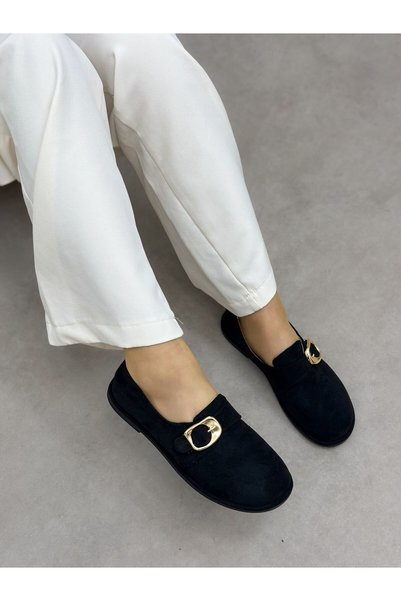 ERVANIN BUTİĞİ Black Suede (Ivey) Gold Buckle Detail Women's Casual Shoes