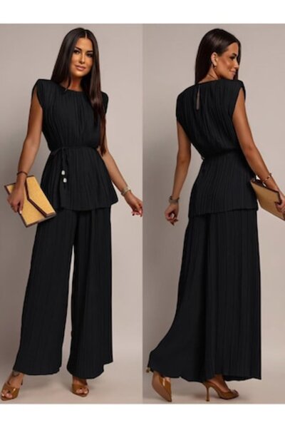 OEM Costum elegant de damă, din material negru plisat, mărimea M-L INTL