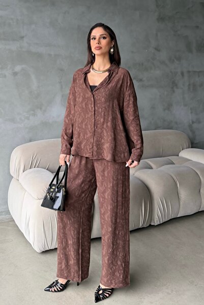 BEJNA Γυναικείο Σετ Πουκάμισο και Παντελόνι με Ανάγλυφο Σχέδιο