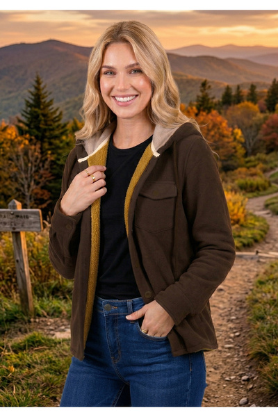 Exve Exclusive Καφέ απλό γυναικείο πουκάμισο με κουκούλα, με επένδυση από γού...