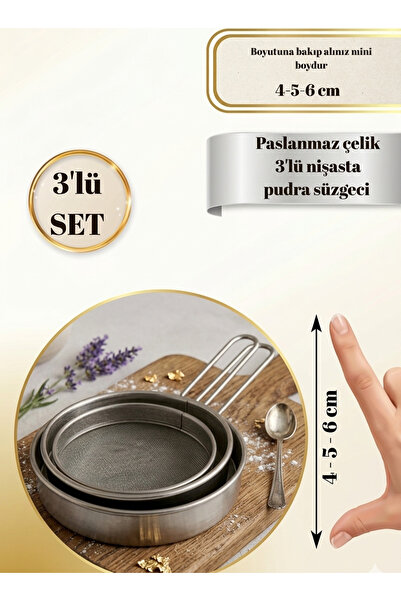 HZL HOME 3'lü Paslanmaz Çelik Süzgeç Seti Pudra Şekeri, Kakao Eleği 4-5-6 cm