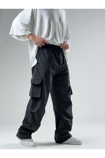 COCOPELLI Σχεδιασμένο υφασμάτινο μαύρο φαρδύ παντελόνι τύπου Cargo με τσέπες ...