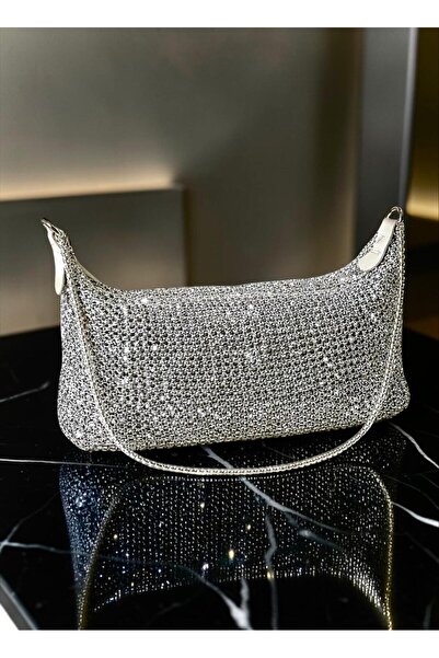 LEATHEROO Γυναικεία τσάντα ώμου από ασημί αστραφτερό διχτυωτό πλεκτό υλικό με...