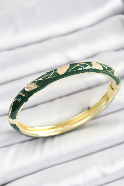Nehir Stylish Enameled Brass Gold Color Green Flower Motif Women's Handcuffs ...