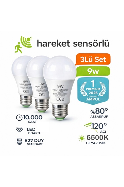 Neler Geldi Neler Hareket Sensörlü Led Lamba 3 Adet Let Ampül Beyaz Işık 9w %...