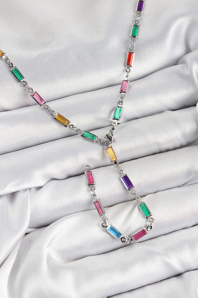 Nehir Stylish Brass Colorful Zircon Stone Rectangular Model Silver Color Wome...