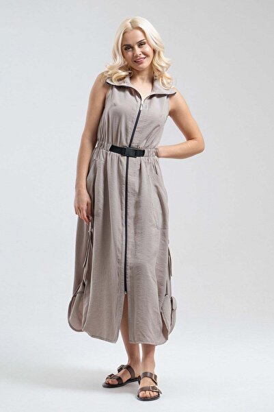 Bold & Young Rochie de damă, bej, cu buzunare, fără mâneci, cu fermoar și cataramă, din țesătură modal