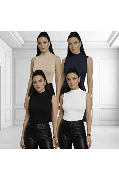 MY LİNAM Kadın 4'lü Sıfır Kol Kolsuz Body VİSKON Boğazlı Body 4 Adet Balıkçı ...