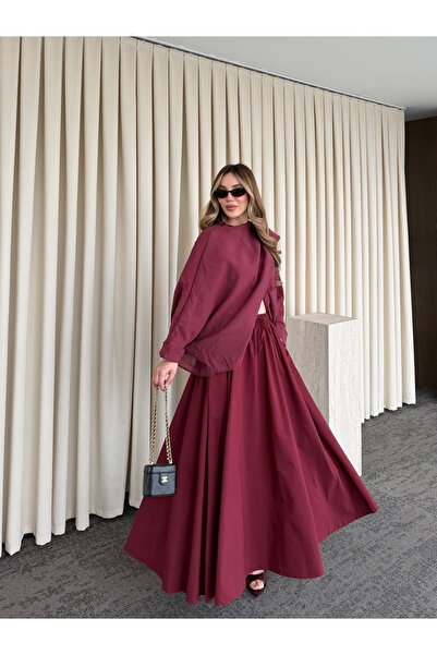 Laluvia Μπορντό Φούστα με Ελαστική Μέση - 1012