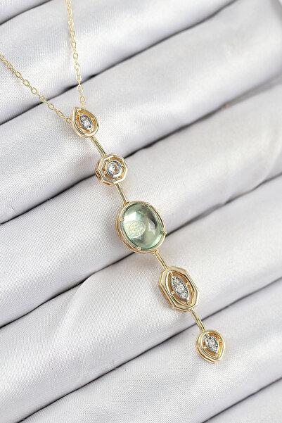 Nehir Stylish Brass Chain Green Gold Color Zircon Stone Y Necklace Teachers M...