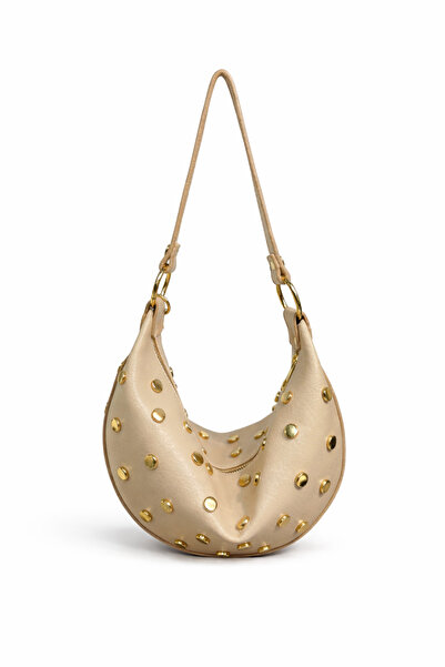 SHIKIRTI Γυναικεία τσάντα ώμου από μαλακό δέρμα σε χρώμα μπεζ-μινκ με λεπτομέ...