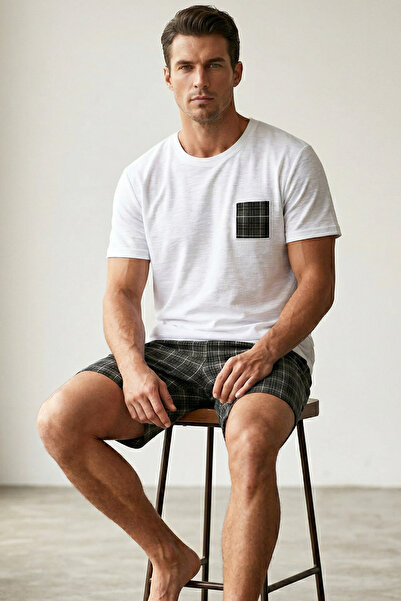 Siyah İnci εκρού χακί Καρό μοτίβο με κέντημα τσέπης Πλεκτό Σετ Πιτζάμες με Σο...