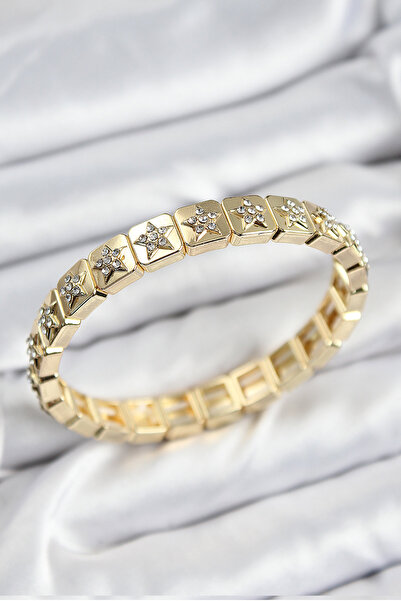 Nehir Stylish Brass Zircon Stone Star Model Gold Color Elastic Women's Bracel...