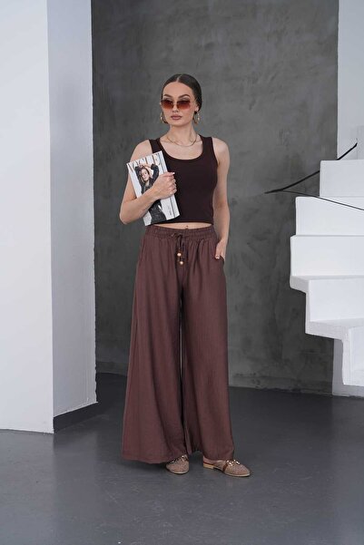 NEW JOURNAL Γυναικείο καφέ παντελόνι με ελαστική μέση και δέσιμο στη μέση PC021