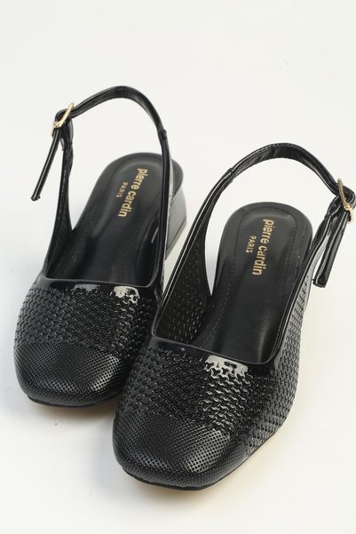 Pierre Cardin صندل نسائي بكعب عالٍ من الجلد الأسود اللامع PC-55795