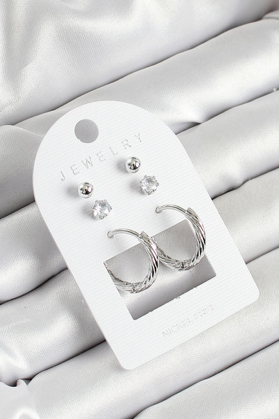 Nehir Stylish Brass Zircon Stone and Hoop Figured Silver Color 3-Piece Double...