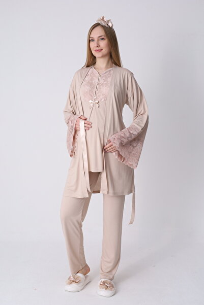 ERDENİZ TEKSTİL Geniş Dantel Kollu Sabahlık ve 3’lü Emzirme Pijama Seti – Pre...