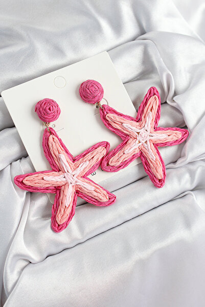 Nehir Stylish Brass Pink Starfish Model Gold Color Women's Straw Earrings Tea...