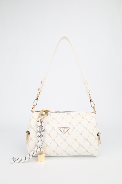 NOTHING Γυναικεία τσάντα ώμου και χιαστί με μονόγραμμα, λευκό δερμάτινο κούμπ...