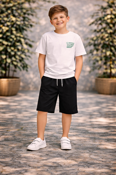 kahkaha kids Σετ μπλουζάκι και σορτς για αγόρια, λευκό μαύρο, καλοκαιρινό βαμ...