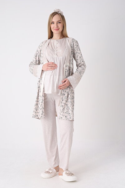 ERDENİZ TEKSTİL Maternity Pajamas Dressing Gown 3-Piece Set Polka Dot Lace Sl...