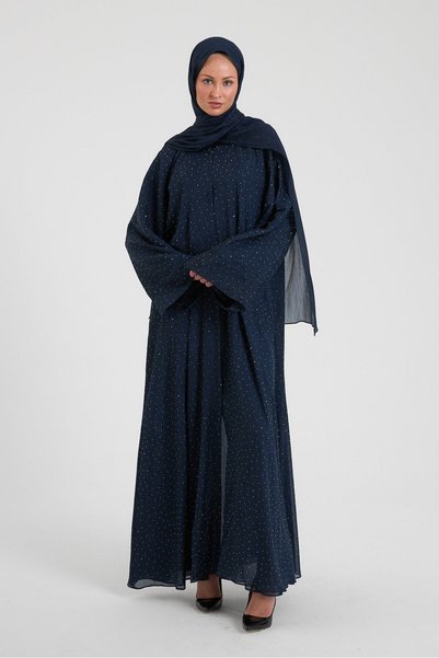 Şakika Dark Navy Blue Shine Stone Abaya Ferace & Shawl - Standard Size & Different Lengths