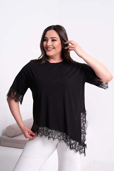 Esina Γυναικεία μπλούζα από βισκόζη με δαντέλα στα μανίκια και στο τελείωμα τ...